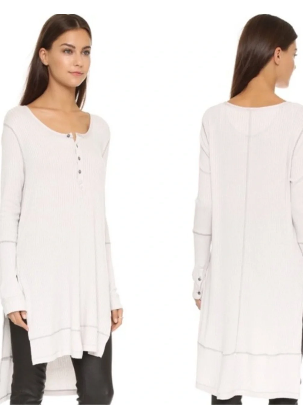 Free People Gwen Drippy Ribbed Henley Oversized Knit Tunic Boho Grey Size L